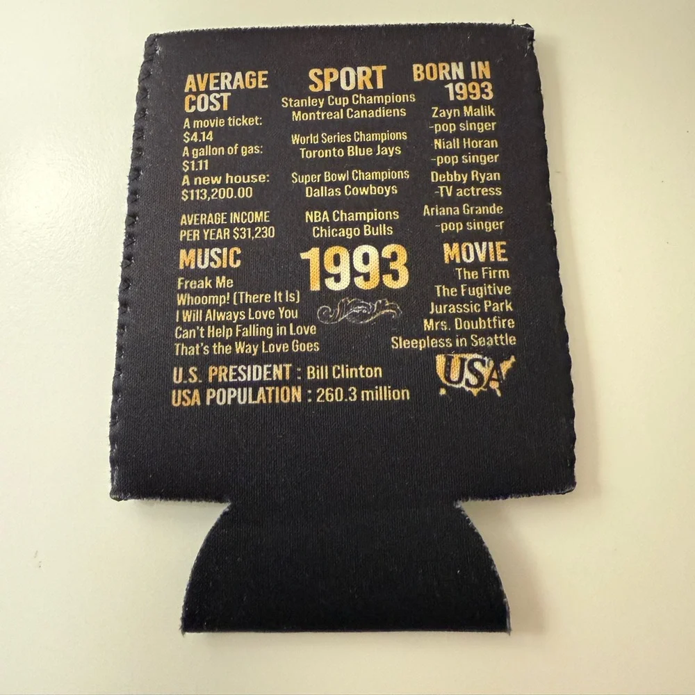 1993 Cheers to 30 Years Black and Gold Can Cooler Koozie